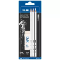 Milan Bia�e o��wki z grubym w�glowym grafitem + gumka 3 szt.