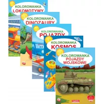 Pakiet Kolorowanka: Lokomotywy, Dinozaury, Pojazdy, Kosmos, Pojazdy wojskowe