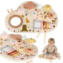 Stolik edukacyjny drewniany tablica muzyczna cymbaki talerze