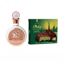 Lattafa Woda perfumowana dla kobiet Fakhar Femme + Alyan Dubajska Czekolada Mleczna z Nadzieniem Pistacjowym i Kunaf Zestaw 100 ml + 100 g