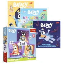 Pakiet: Oto Bluey! Zabawy i zadania z naklejkami, Naklejamy! Bluey. Ksi��ka do wyklejania, Bluey. Dobranoc, owocowy nietoperzu. Moja czytanka, Puzzle 3w1 (20+36+50 el.) Poznaj Bluey