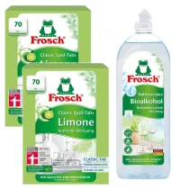Frosch Tabletki do zmywarek Classic limonkowe + Nab�yszczacz na bazie Bioalkoholu Zestaw 2 x 70 szt. + 750 ml