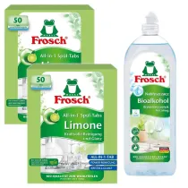 Frosch Tabletki do zmywarek All in One limonkowe + Nab�yszczacz na bazie Bioalkoholu Zestaw 2 x 50 szt. + 750 ml
