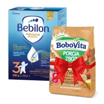 Bebilon 3 Advance Pronutra Junior Formua na bazie mleka po 1. roku ycia + BoboVita Porcja Zb Kaszka mleczna 7 zb zboowo-owsiana truskawka-banan po 8. miesicu GRATIS Zestaw 1 kg + 210 g