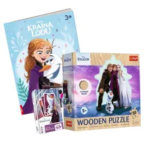 Pakiet: Kraina Lodu. Kolorowanka z naklejkami, Puzzle drewniane 50 el. Ulubiona Kraina Lodu, Czarny Piotru� i Memory. Frozen 2