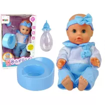 Lalka w niebieskiej pi�amie pije, butelka, nocnik LeanToys