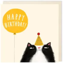 Karnet kwadrat 009 Urodziny Kot z ��tym balonem