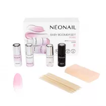 NeoNail Zestaw Baby Boomer Rose baza do paznokci + lakier hybrydowy do paznokci Biay + top hybrydowy + drewniane patyczki 10szt + gbeczki do ombre 8szt