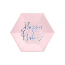 PartyDeco Talerzyki papierowe Happy B`day! pudrowy r� 20 cm 6szt