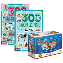 Pakiet dla przedszkolaka. 300 naklejek. Psy i koty, 300 naklejek. Na wsi, Puzzle mini 35 el. Psi Patrol