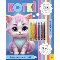 Kolorowanka z kredkami. Kolorowe zwierzaki. Kotki