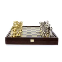 Archers Metal Chess Set, szachy w drewnianym pudeku, brzowa plansza Manopoulos