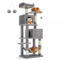 Songmics Wysoki drapak dla kota jasnoszary 155 cm Stabilny wielopoziomowy drapak z 5 kolumnami do drapania, 2 platformami, hamakiem, 2 legowiskami i 2 pluszowymi pikami