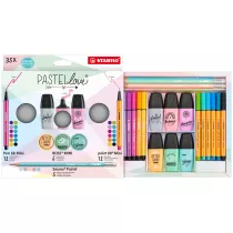 Zestaw Cienkopis STABILO point 88 mini, Flamaster STABILO Pen 68 Mini, zakrelacz BOSS Mini Pastellove 2.0, owek Swano Pastel - etui 35 szt.