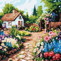 Ideyka Malowania po numerach - Kwiaty przy chatce 30x30cm