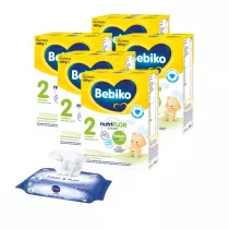 Bebiko 2 Mleko nastpne dla niemowlt powyej 6. miesica ycia + Nivea Chusteczki nawilane dla dzieci i niemowlt Baby Fresh & Pure Zestaw 5 x 600 g + 63 szt.
